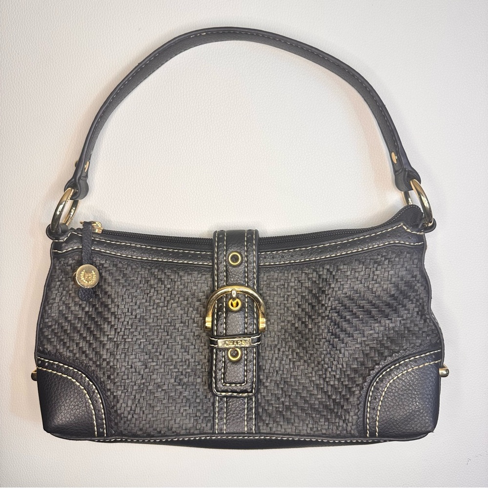 Chaps Black Woven Straw-Style Shoulder Bag with Faux Leather Trim